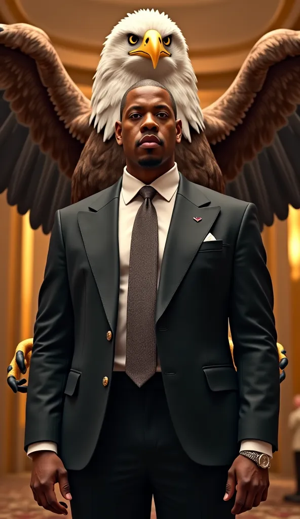 A photorealistic digital painting of Jay-Z standing confidently in an expensive tailored suit with a calm, powerful expression. Behind him stands a majestic eagle with an exaggerated, slightly larger-than-life size, wearing a sleek designer blazer. The eag...