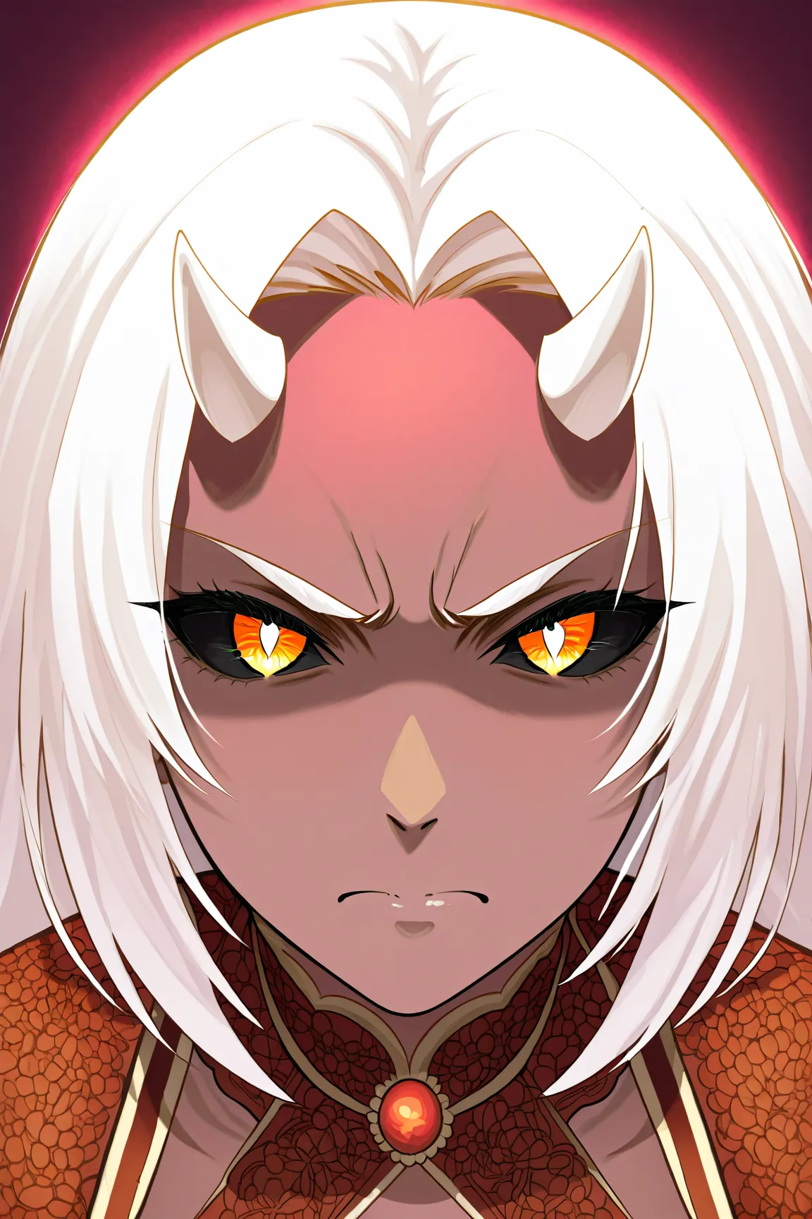 1 girl,calamitas, dark-skinned female, long hair, white hair, white horns, demon horns, red eyes,black sclera,snake pupils,big eyes,detailed eyes