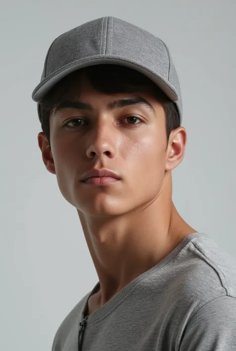 A young man with his head down wearing a gray baseball cap, Clear studio lighting, Magazine advertisement image