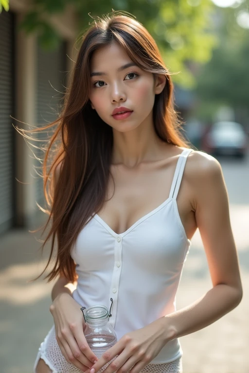 Same Beautiful-thai girl, sharp eyes, brown hair, wearing a white  bra and white panty , holding a water bottle.