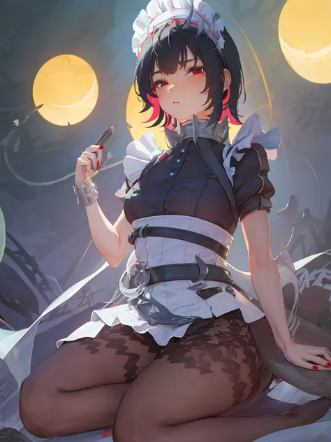 masterpiece,Official Art,NSFW, very detailed8K壁紙,very detailed,Absard Dress, 8k resolution for kindergarten ren,1 girl, Alone, chest, viewers,  short hair,   black hair, red eyes, black micro bikini on the hair, pantyhose, red hair, multicolored hair, belt...