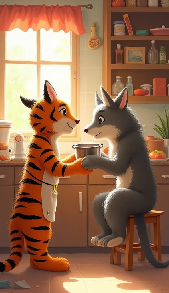 A picture of a tiger and a wolf cooking food in the kitchen 