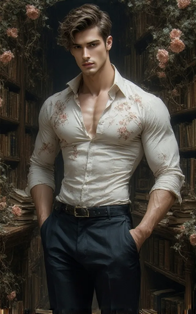 (masterpiece, best quality, realistic, ultra high detailed, UHD, view from a distance, facing the camera), In the depths of a floral-steampunk library, where bookshelves are entwined with flowering vines and gears hum softly, a tall, muscular young man sta...