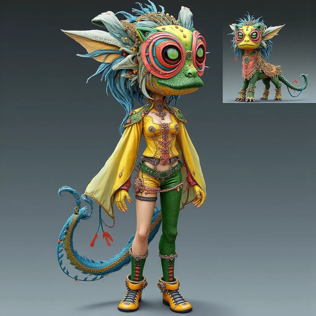 Her head and left arm are bright yellow, lizard, lizard, giving her appearance even more originality. giving her look a cheerful and festive touch, have shields, right hand, her belly and inner part of her tail are painted blue.  on spin, while, cat and dr...