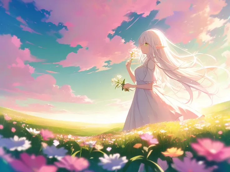 elf with white hair and green eyes facing away and with her hand raised towards the horizon holding a flower, flower field, sun, pink landscape, pink sky