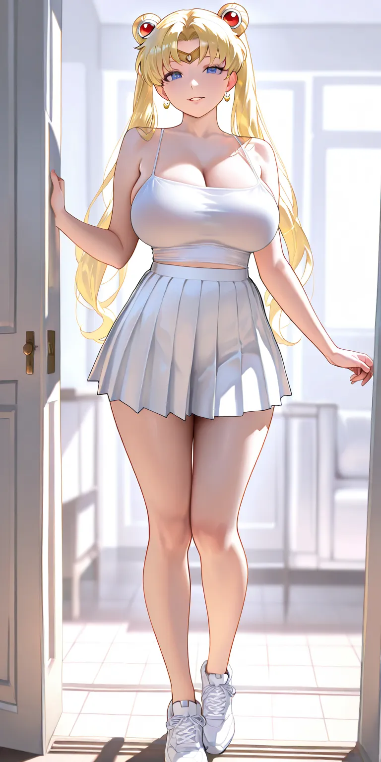 Masterpiece, newest, vibrant, very aesthetic, high contrast, mature woman, sailor moon, white color spaghetti strap top, white color pleated mini skirt, white sneakers, perfect 
big breast, full body, parted lips, smile, front of house, best quality, semre...