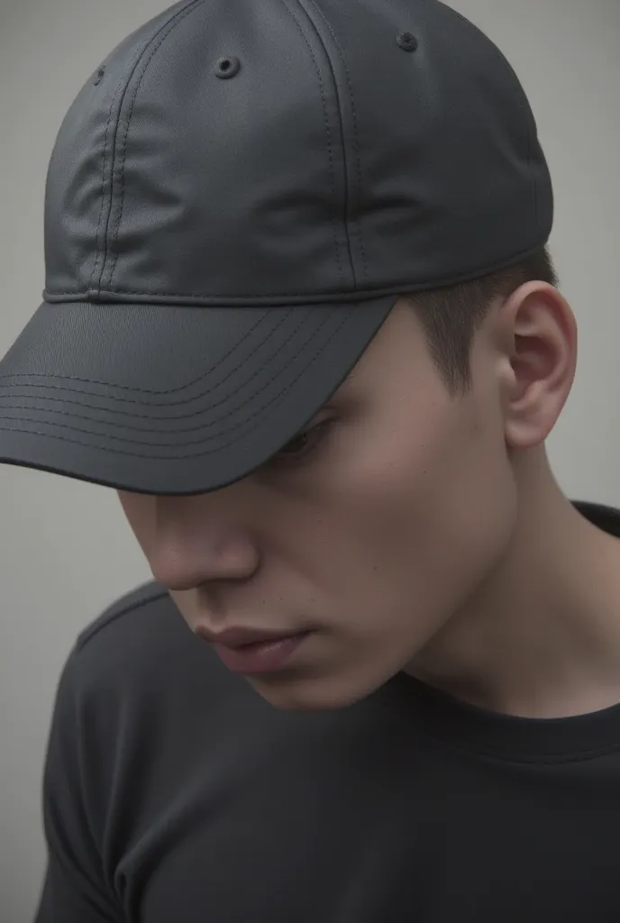 A young man with his head down wearing a gray baseball cap, Clear studio lighting, dramatic lighting,  Magazine advertisement image, The boy has his head down 