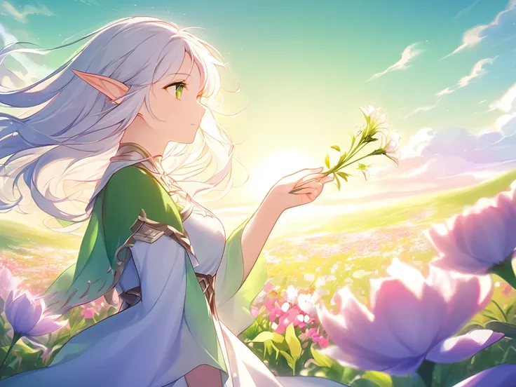 elf with white hair and green eyes facing away and with her hand raised towards the horizon holding a flower, flower field, sun, pink landscape, pink sky