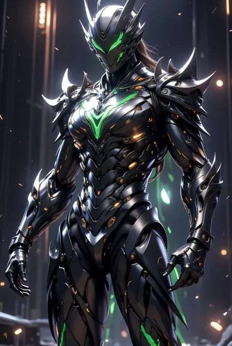 guy in a black futuristic black organic suit, athletic build in a black mask with green lenses instead of eyes