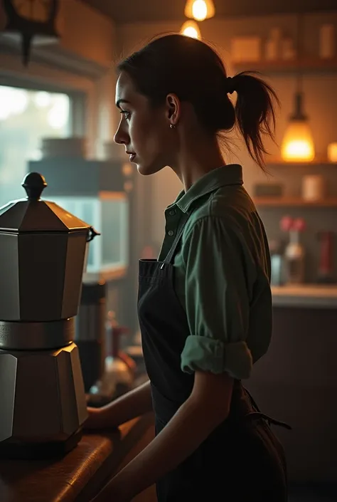 A waitress looking, scared in the middle of a coffee pot I only want from the waist up
