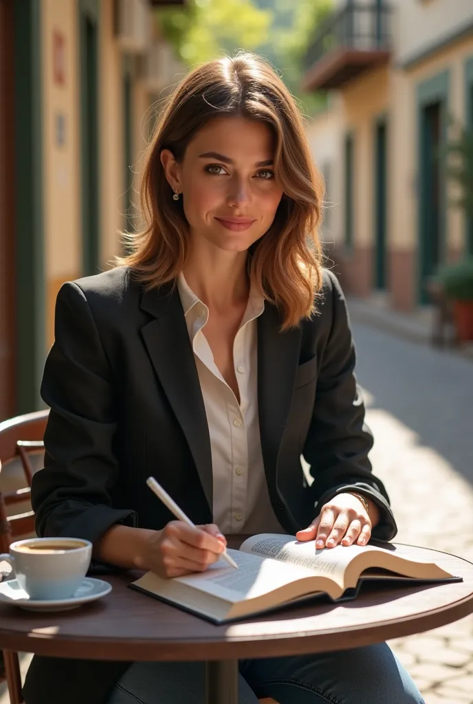 A highly realistic and detailed image of Veridiane A. Dambrowski, a 22-year-old Brazilian law student of Polish descent, sitting at an outdoor café table. She has fair skin and light brown hair, styled in a casual yet neat manner. Veridiane is dressed in s...