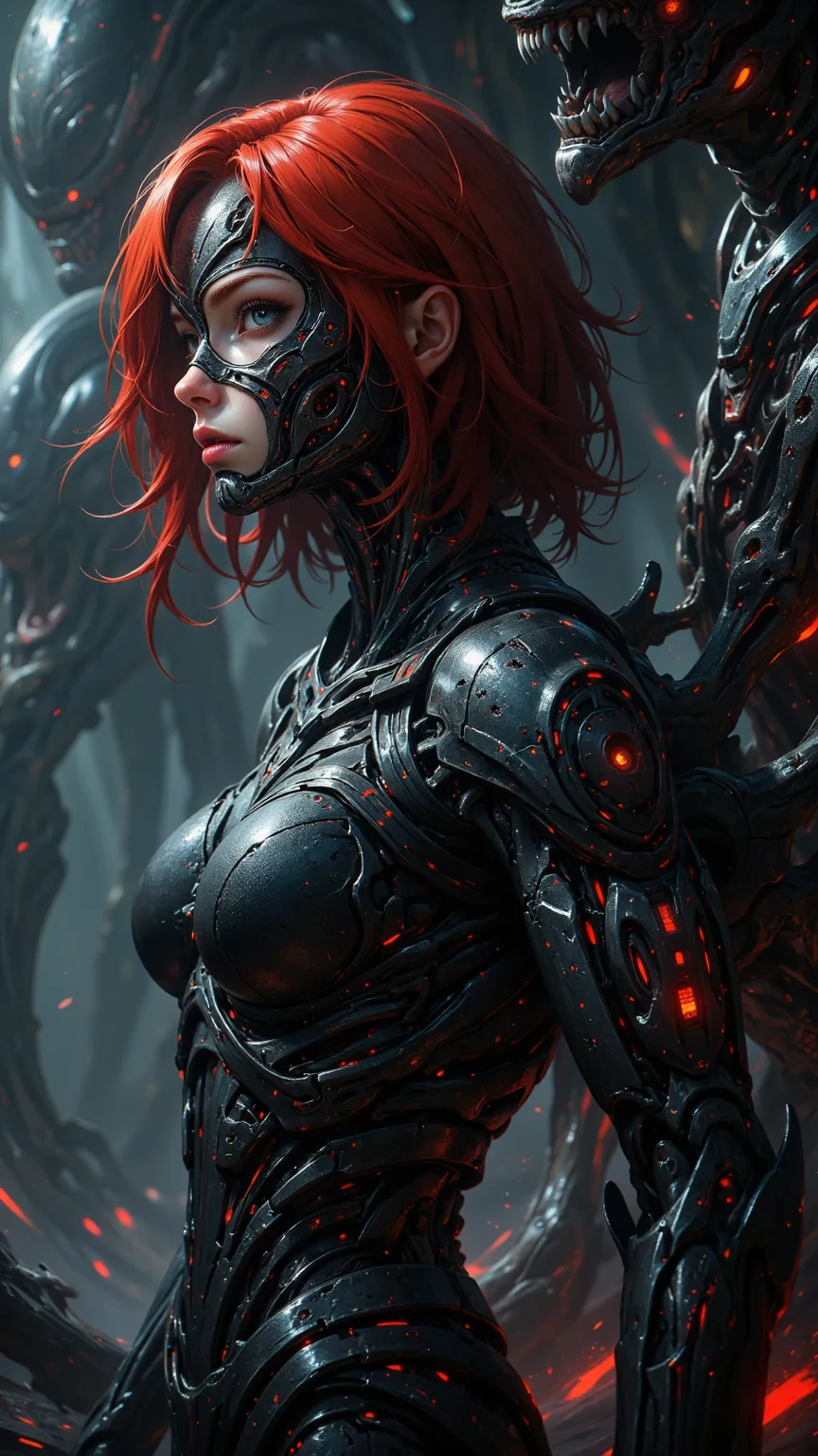 Realistic, Black Widow in a remote cave, red hair, Expressionless cybernetic face, Advanced technical equipment, mechanical body, Committed to a groundbreaking discovery, Black Widow in a remote cave wearing a futuristic costume, Surrounded by complex mach...