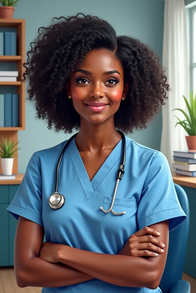 Black curly nurse in her office 