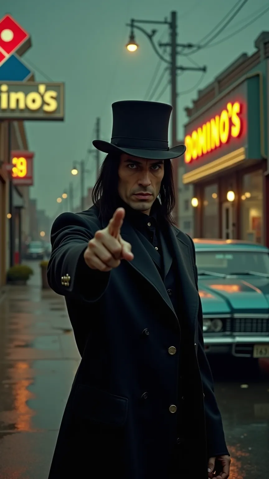 An enigmatic hacker in the cyberpunk style of the 1960s, inspired by the character Neo from Matrix, wears a long elegant black overcoat and a top hat, with straight hair falling down to his shoulders. His eyes reflect intelligence and mystery as he points ...