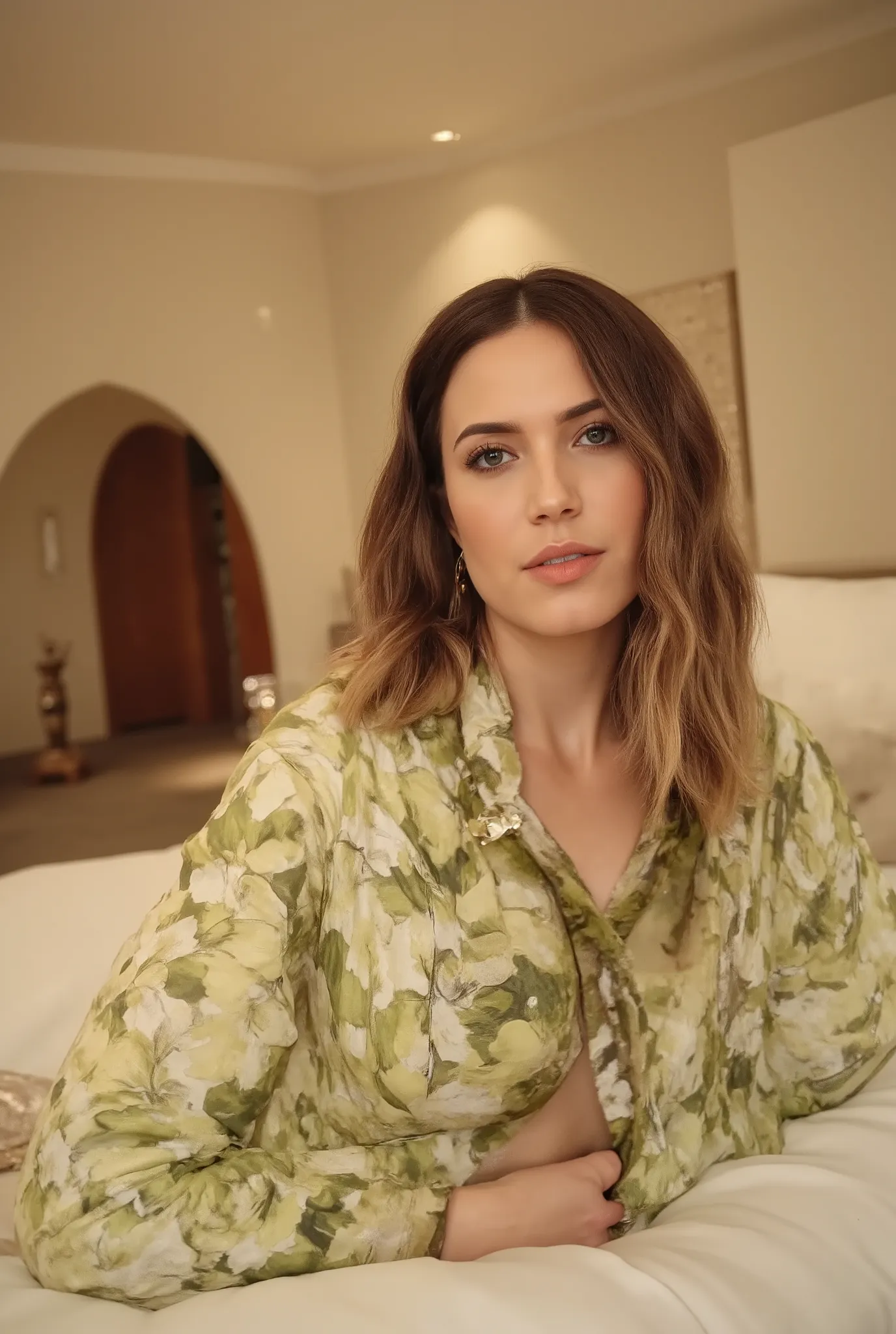 best quality, highres, 8k, masterpiece, photography, detailed midbody photorealistic portrait. Mandy Moore wears a flowing, pastel green kimono-inspired lingerie set, with floral embroidery reminiscent of peonies and lotuses. The fabric is soft and lightwe...