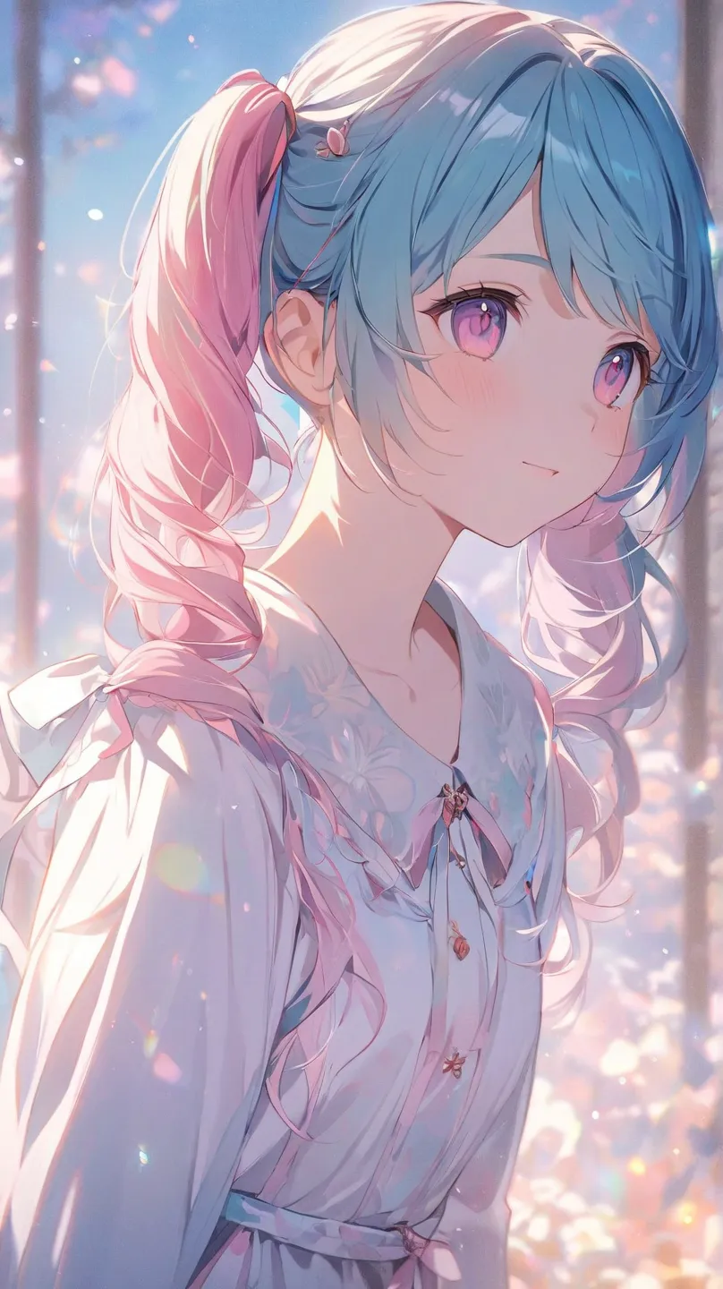 One Girl, has a high resolution,  son and mother ,  double ponytail , colored hair, blue hair, pink hair, big breasts, cow ears,  Ahmar Khyla, I smile, multicolored eyes,  blue eyes,  pink eyes , From the top, anime style, 