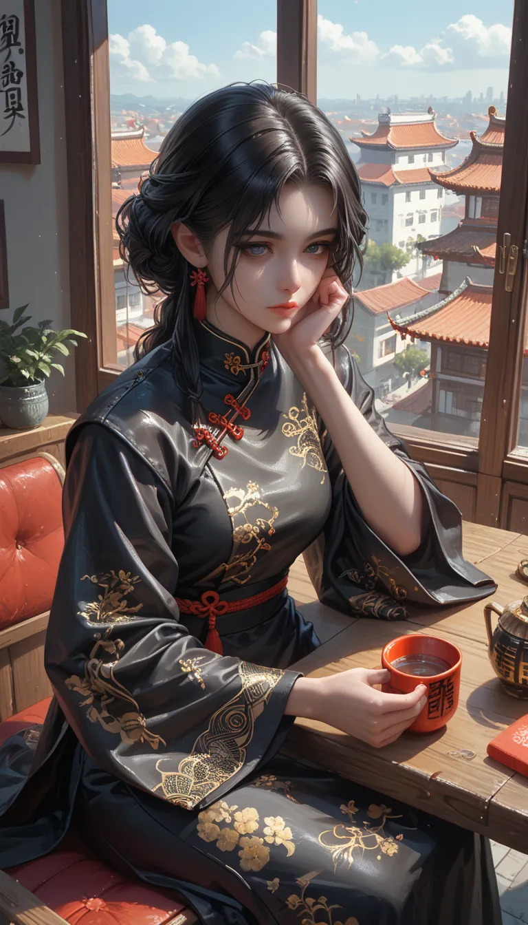 A middle-aged woman sits at a table thinking, holding a porcelain mug,  beautiful face, Shiny leather, menacing eyes, haughty look, Long black hair, fluffy clothes, black dark blue, ancient Chinese style, traditional Chinese clothes, sits by the window sec...