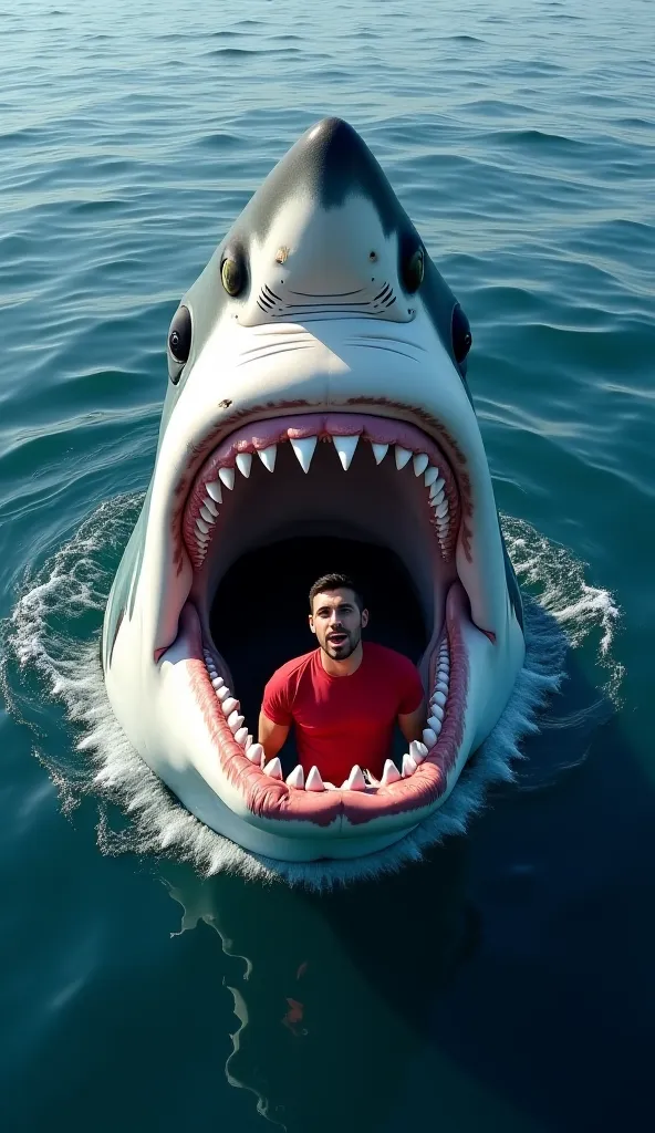 A hyper-realistic and surreal scene of a giant great white shark emerging from the ocean with its mouth wide open. Inside the shark's massive jaws, a terrified man wearing a red t-shirt is trapped. The water around them is deep blue with gentle ripples,hyp...