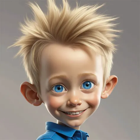 Boy with blonde hair with skipes, wearing a blue t shirt with blue eyes. photo realistic