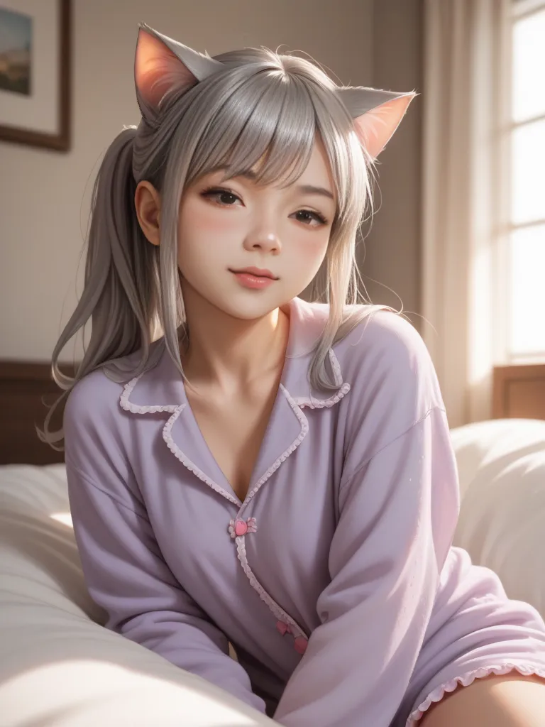 Realistic asian gurl, have a long gret hair with cat ears, blushing on her nose and cheek, wear transparent pajama, looks teasing