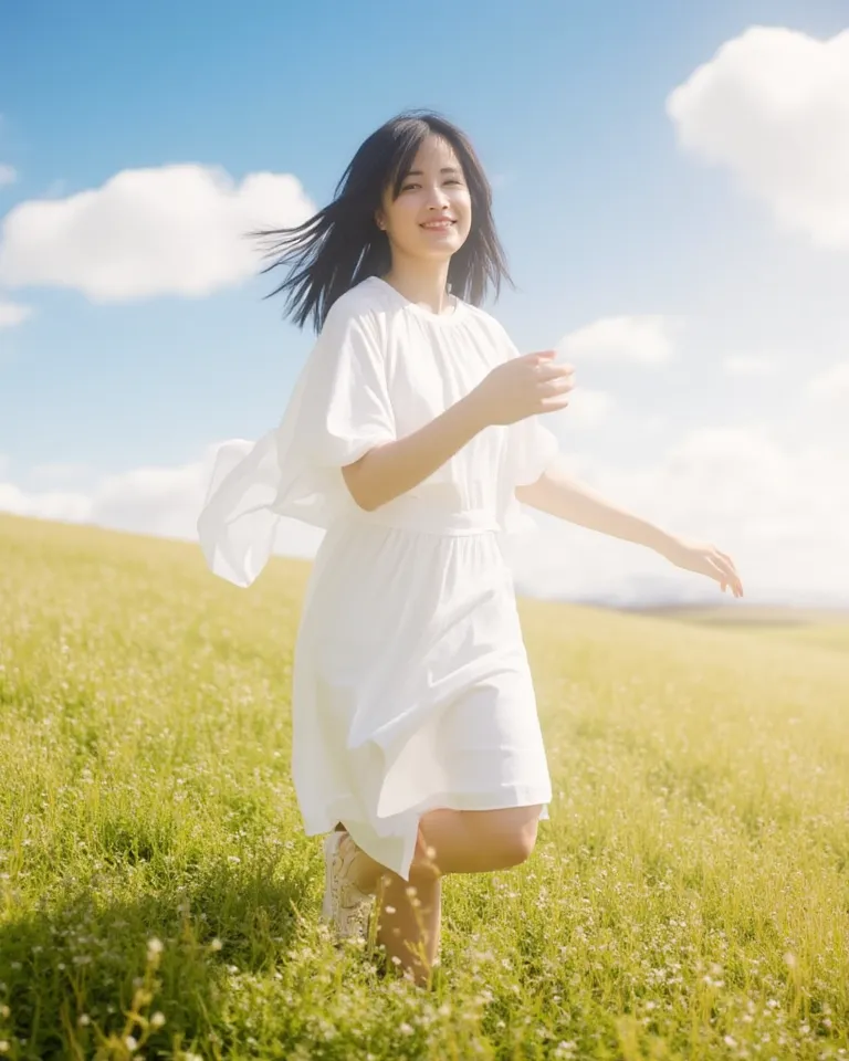  1 girl, solo
 BREAK
(Walking in the Wind), wind,  Compa, white dresses,  fluttering hair, Sunset, smile, run through, A green hill that stretches far, blue sky, free