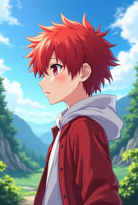 beautiful boy anime' He has it on his pocket، Red hair, red eyes and And depressed، Beautiful background with blue sky, beautiful mountain and trees، Red and white outfit  Shiny and looking the other way  15