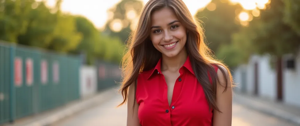  in high-definition images, white brown skin tone,attractive young indian girl, beautiful eyes, great body Early Afternoon, Red suit,denim pants style, facial details ,  forward leaning posture,  Full Body High Quality Image  , Street background, is standi...