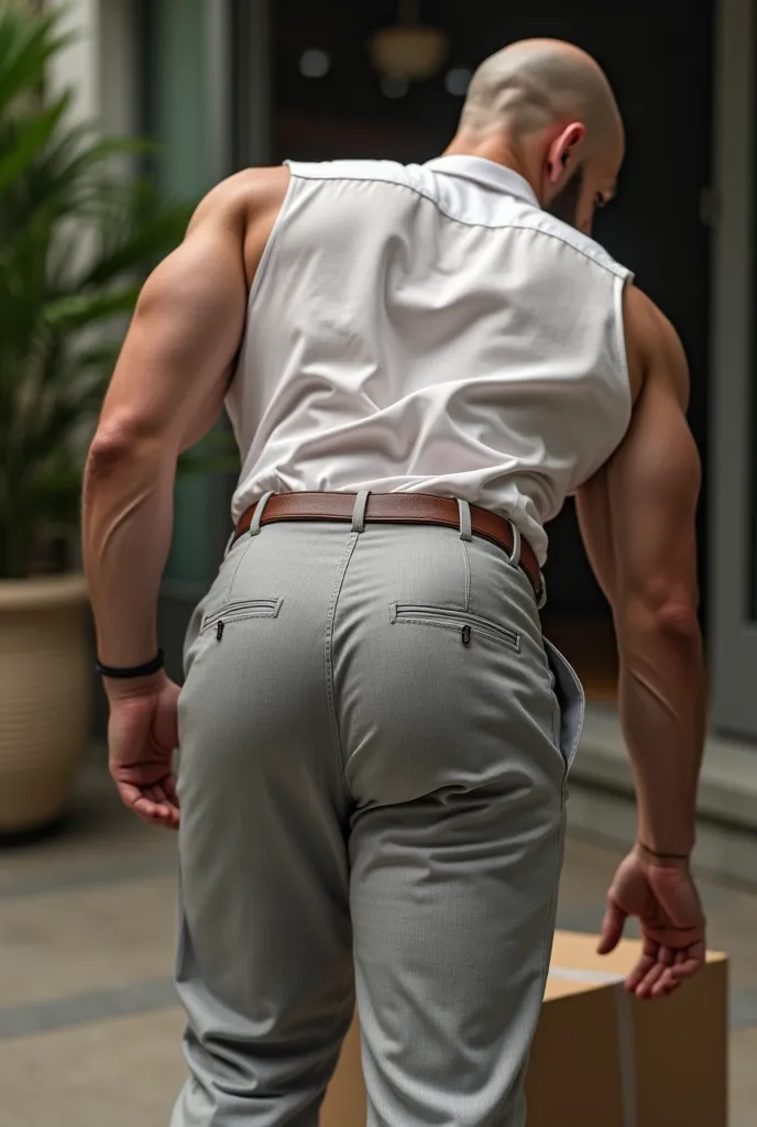 Fotografía realista, 35-year-old bald muscular (((atletic man))) , , View from below, nalgon de perfil, stripe white formal shirt and very tight light gray trousers, brown belt, de perfil, Big butt, viendo a cámara, ojos negros, en el patio, hombre sexy, m...