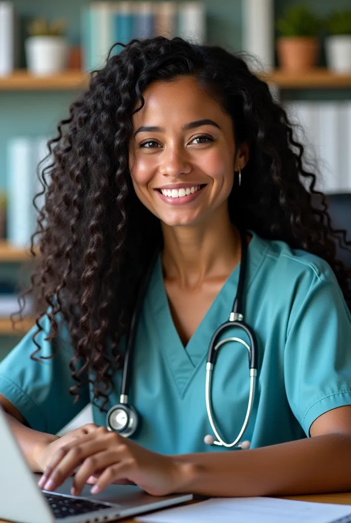  nurse, Long black curly hair sitting in her office