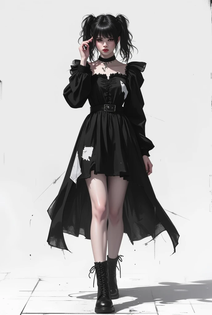  anime style，1 Girl ,Flillian，alone,Full bangs and double ponytail,One hand on the ear ， blows up her hair ，black and white gothic square dress， walk，full body, black leather boots 