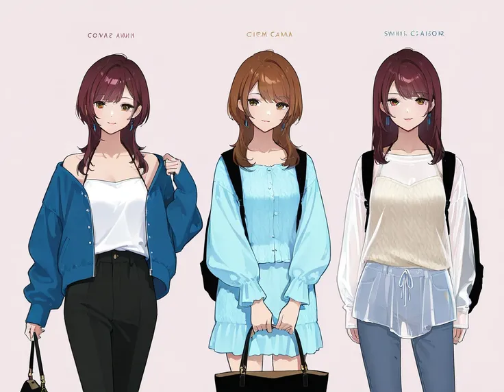 (3 adult girls), anime characters, outfit designs, upper body character design, outfit design, fashion concept art, cowboy shot, knit, shirt, shorts, skirt, blouse, halter neck,  see-through, jacket, camisole, long pants, holding bag, different haircolor, ...