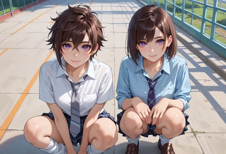 ((Tomboy)),((Two High School Girls)),((Dark Brown Hair, Short Hair)),Beautifully detailed hair, Beautifully detailed face, Beautifully detailed eyes, Beautiful collarbone, Beautiful body, Beautiful legs, Beautiful fingers, Looking at the viewer, Uniform, P...