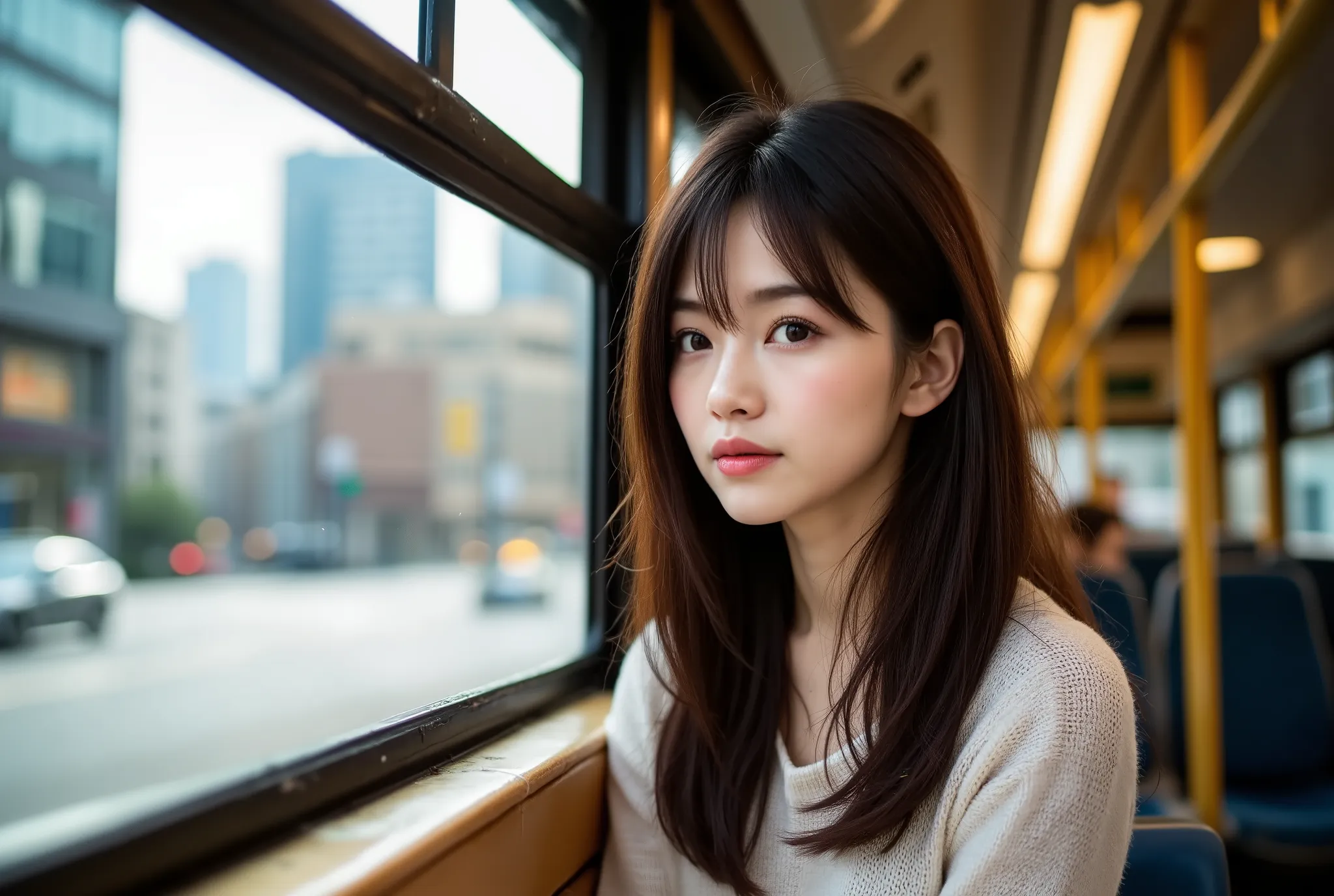 Japanese girl on a city bus, realistic photo 