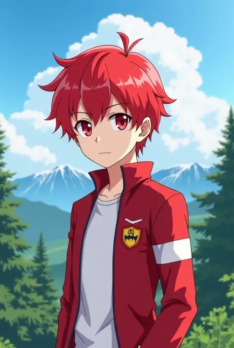 beautiful boy anime' He has it on his pocket، Red hair, red eyes and And depressed، Beautiful background with blue sky, beautiful mountain and trees، Red and white outfit  Shiny and looking the other way  15 