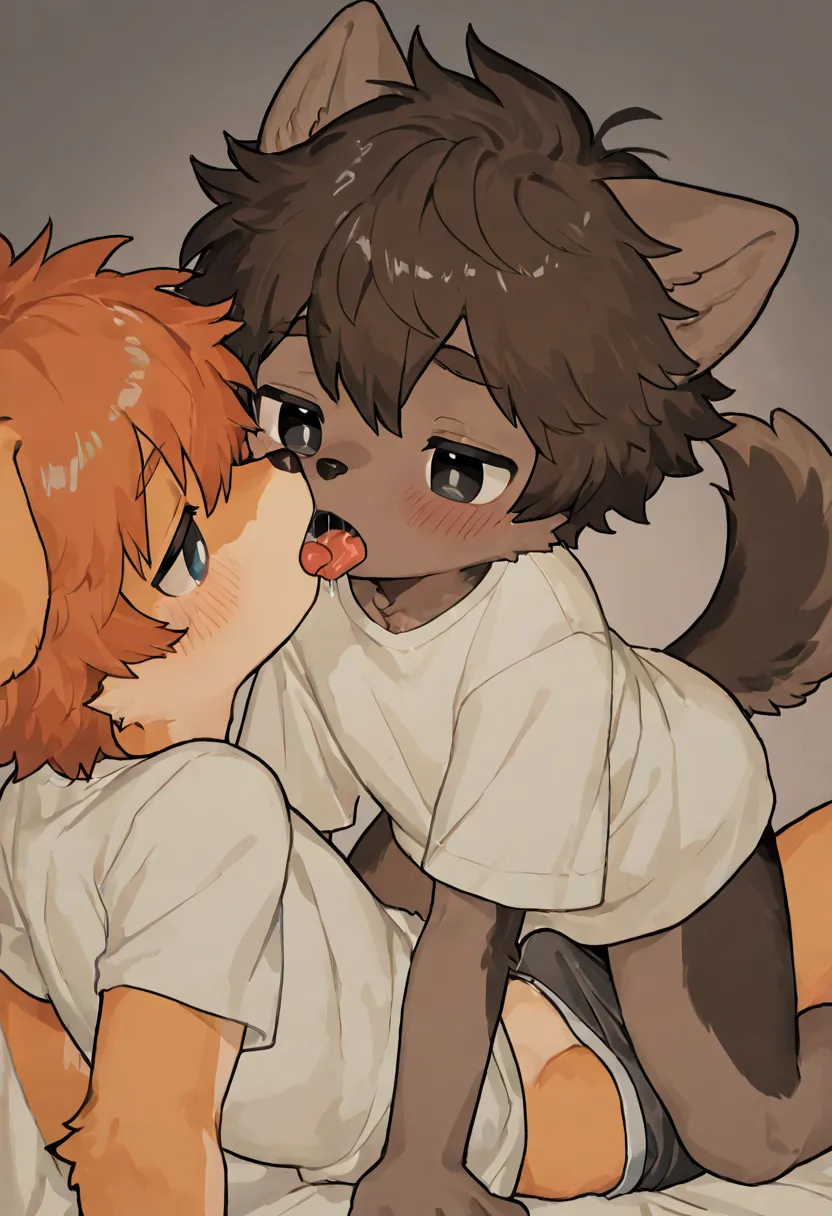 source_ furry， furry male，elementary school students，((boy )),Two dog boy s，Dog Tail  ,short hair,masterpiece, newest,absurdres, incredibly absurdres, bright eyes, detailed eyes,short hair,  messy hair, blush,shirt，Underwear， head tilt,upper body,boy  on t...