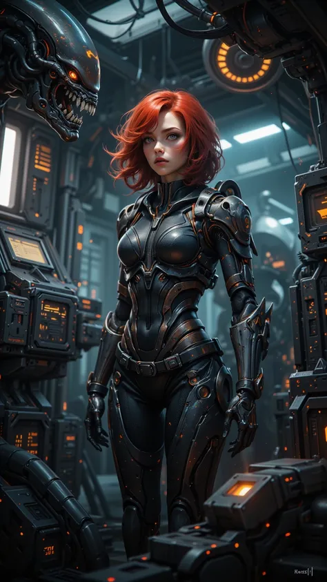 Black Widow in a remote laboratory, red hair, Expressionless face, Advanced technical equipment, mechanical body, Committed to a groundbreaking discovery, Black Widow in a remote laboratory wearing a futuristic costume, Surrounded by complex machinery, Tre...