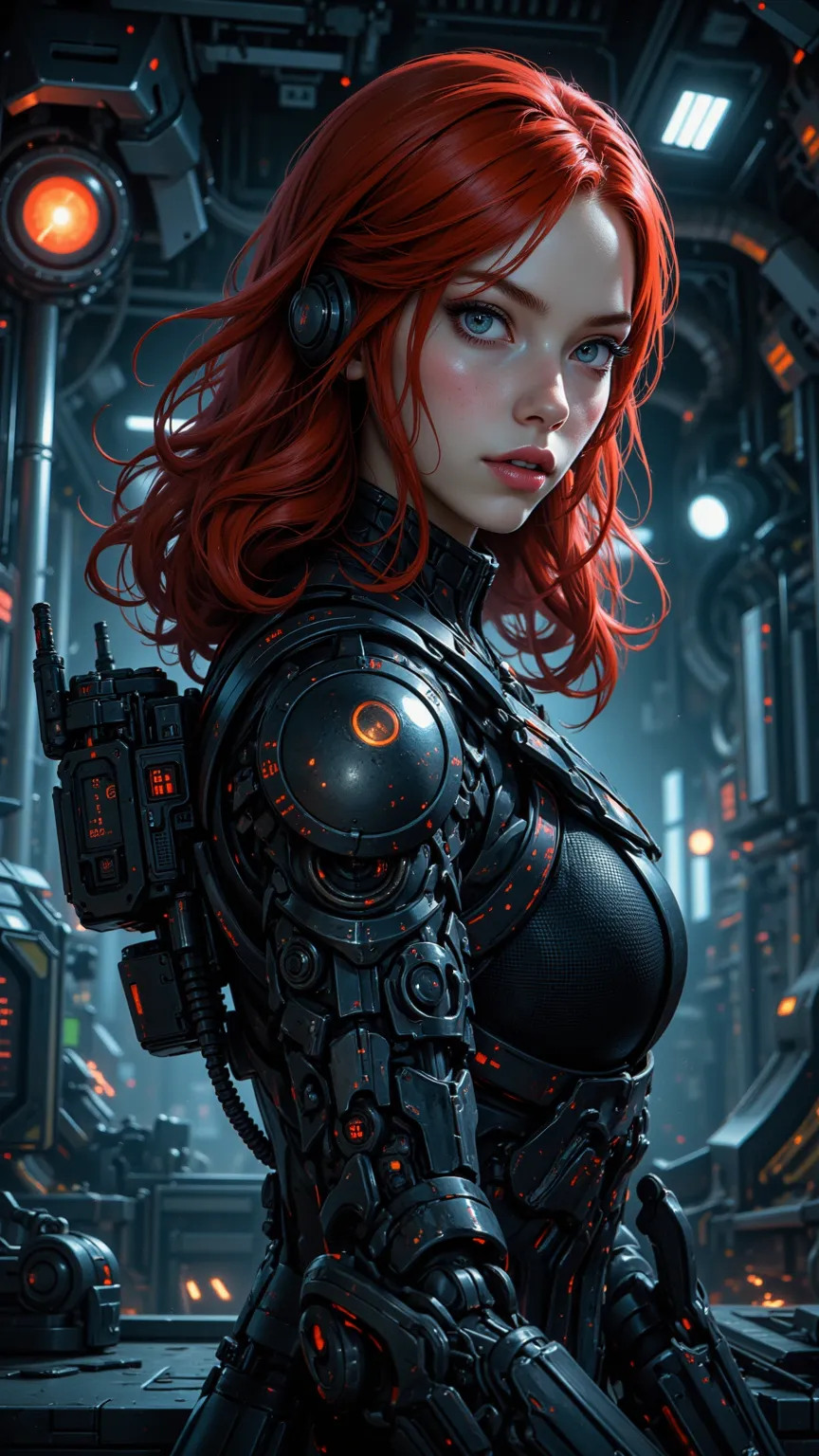 Black Widow in a remote laboratory, red hair, Expressionless face, Advanced technical equipment, mechanical body, Committed to a groundbreaking discovery, Black Widow in a remote laboratory wearing a futuristic costume, Surrounded by complex machinery, Tre...