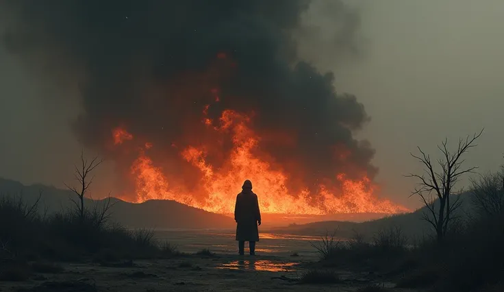 An ominous fire with black and dark grey flames, spreading across an abandoned landscape. The air feels heavy, and shadows stretch unnaturally. The person observing the fire looks uneasy, as if sensing a hidden danger."