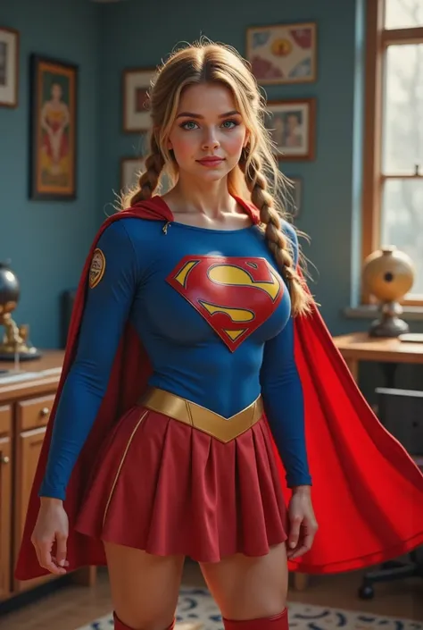 (A SEXY 17-YEAR-OLD BLONDE FEMALE AS SUPERGIRL) "A stunning, ultra-detailed 4K HD depiction of a classic 1980s Supergirl-inspired costume. The outfit features a bright blue, form-fitting bodysuit with a bold red and yellow emblem on the chest, a sexy red p...