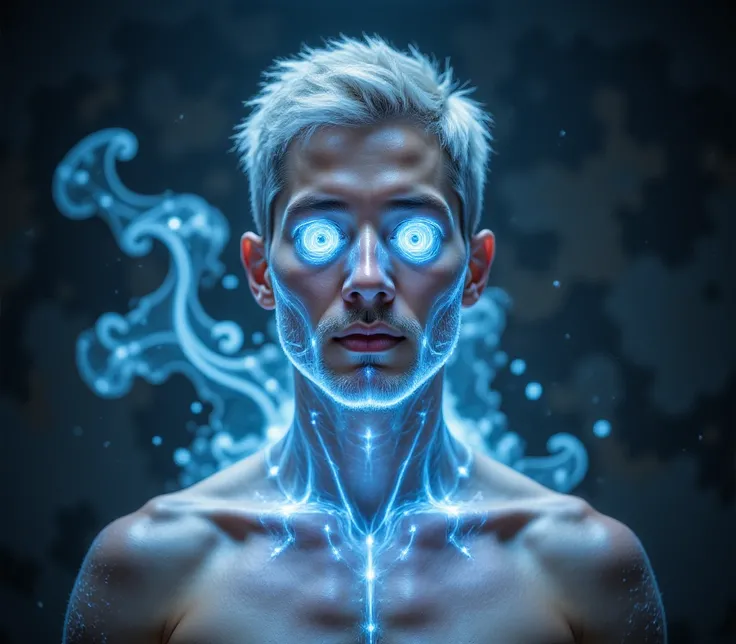 hd quality,vibrant colour image)
24years old,male ,short platinum blonde,ripped handsome, stands entranced,Plumes of ice blue smoke are inhaled mouth, nose ,circle ice blue spiral eyes, bright ice blue smoke around neck forming a collar. photorealistic