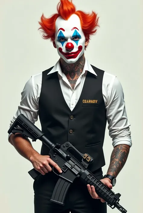 A young and handsome man, How to dress up wearing a white dress shirt with a vest with the name Colarovy. Wearing a clown mask, And with a clown tattoo and holding an M4 gun.