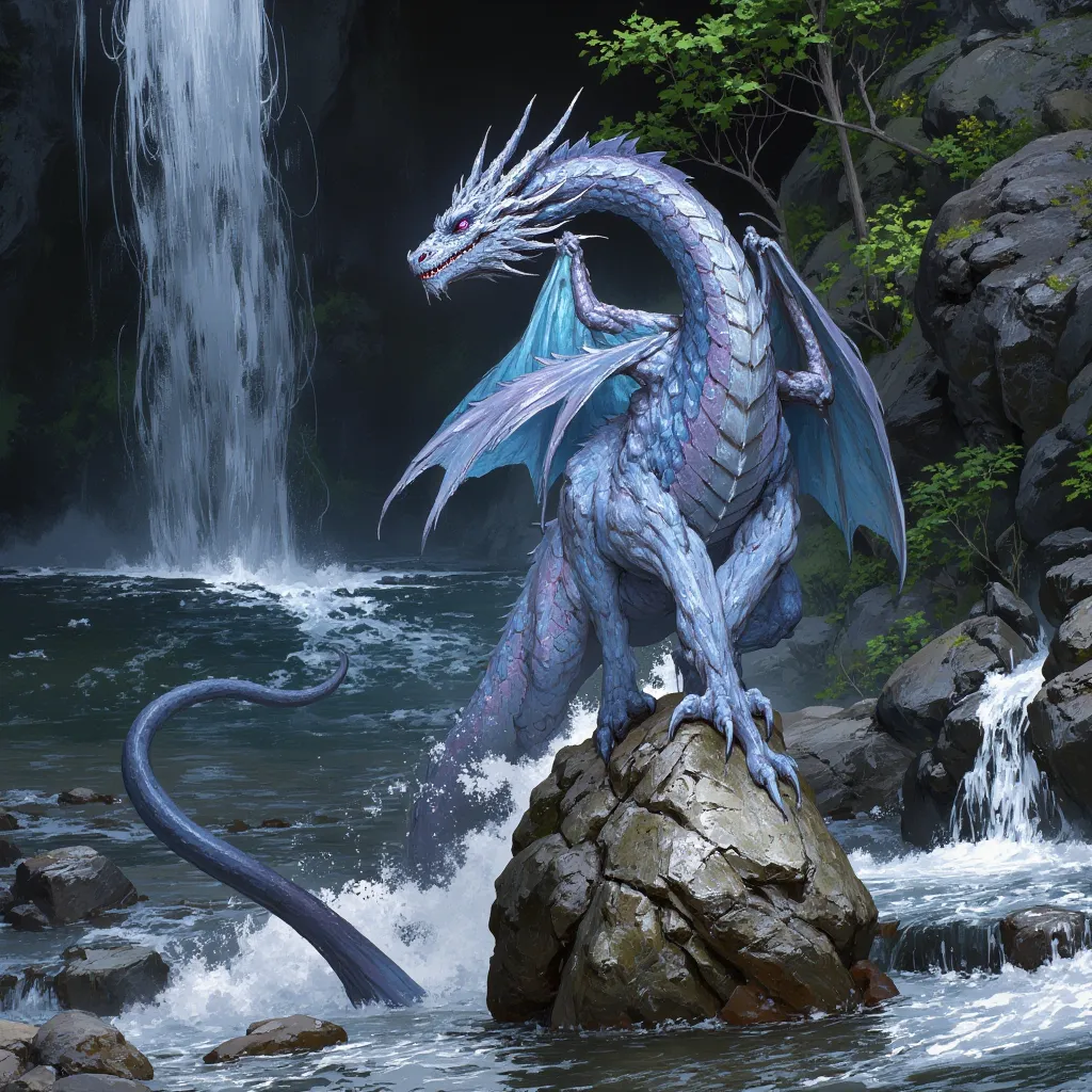 1dragon, solo, front view, irridescent blue scales, purple eyes, single dragon, posing on a rock before waterfall, head lifted high, wings spread, mouth closed, looking at view, large wings, proportionate wings, long tail, elegant dragon, irridescent wings...