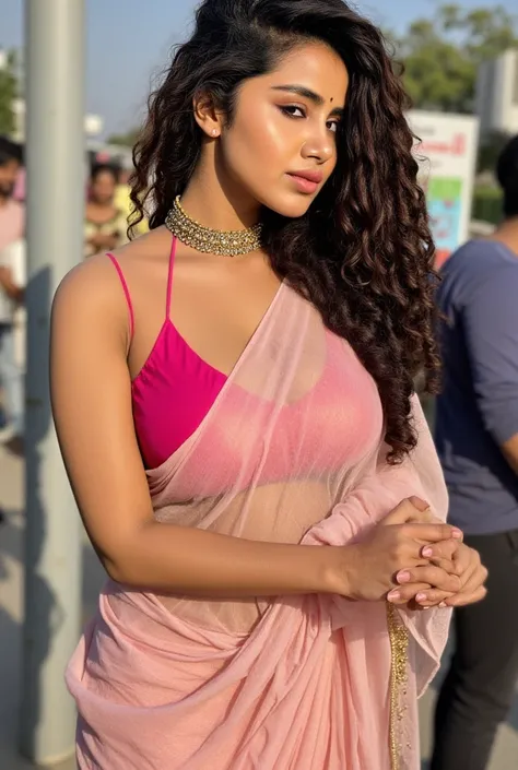 a very beautiful bhabhi curvy voluptuous figure,sexy thighs, beautiful navel, wearing transparent pink saree, and shoulder less blouse with front hooks, giving sexy pose,slut,porn image,xxx, beautiful background with people in public crowd,ultra hd highly ...