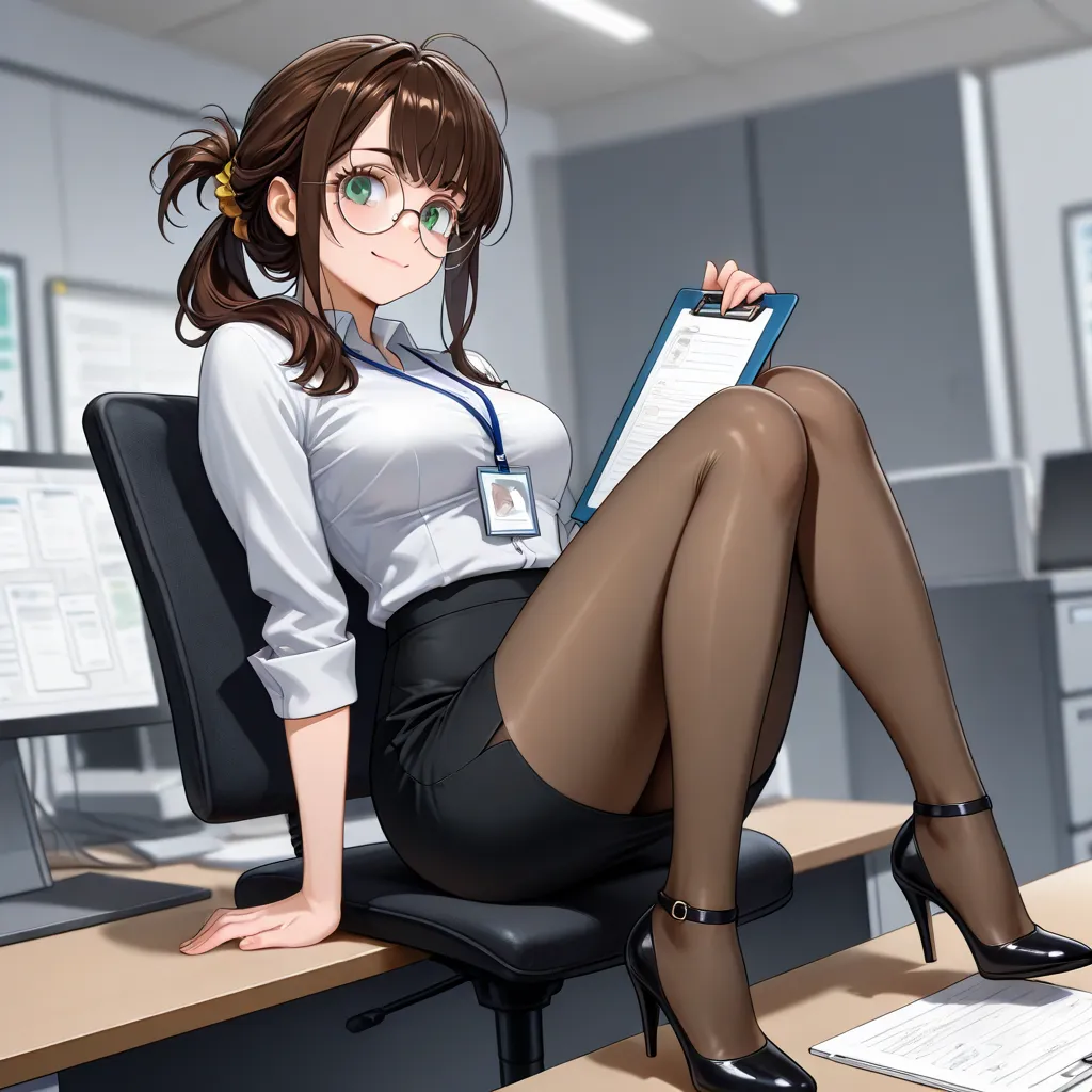 A stern and attractive brunette woman. She is dressed in very tight office attire. She has flowered hair that is tied into a loose ponytail. ((round Glasses)) (medium breasts), (green eyes) ((slight smile)) (tall) (pantyhose) heels, holding a clipboard. ((...