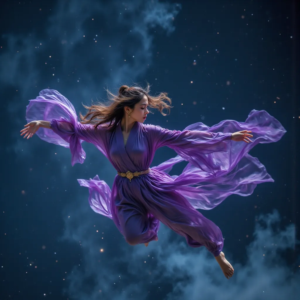 (A graceful woman in flight:1.4), (Dynamic floating movement:1.3), (Natural weightlessness:1.3), (Subtle forward lean:1.2), (Arms slightly extended:1.3), (One hand is stretched forward:1.2), (Elegant finger placement:1.2), (The robe flows naturally due to ...