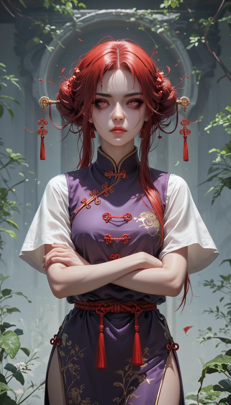 a woman is standing with her arms crossed, sharp face, twenty years,  long red hair,  has maroon eyes in her hands, arrogant look slim figure,  purple clothes, ancient Chinese style,  Masterpiece ,  traced hair ,  details, 4K