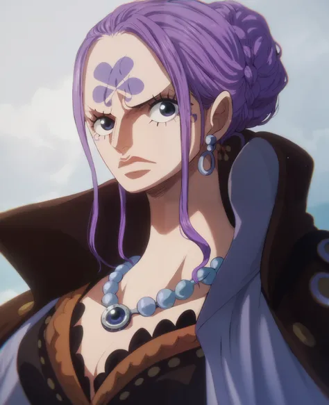 A character from the anime one piece. A woman, purple hair, steampunk clothes, elegant, face tattoos, best quality 