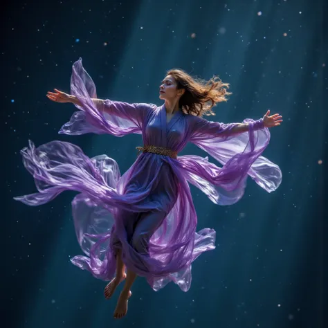 (A graceful woman in flight:1.4), (Dynamic floating movement:1.3), (Natural weightlessness:1.3), (Subtle forward lean:1.2), (Arms slightly extended:1.3), (One hand is stretched forward:1.2), (Elegant finger placement:1.2), (The robe flows naturally due to ...