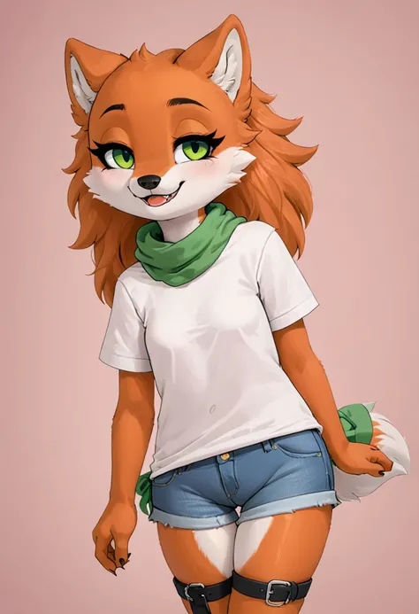 Small slender female mane wolf with good big thighs and orange fur with white and pretty green eyes and she's wearing a white t-shirt with straps , short denim shorts and a green scarf and she's a girl and she's very cute.