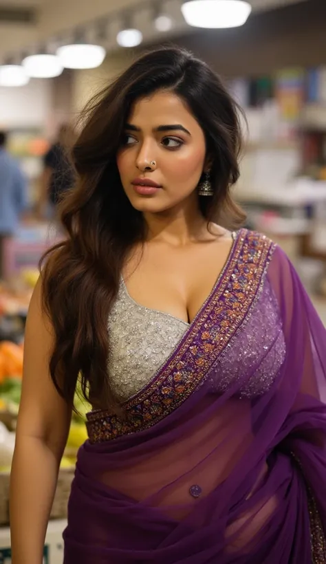 Front view,Standing in market,a beautiful sexy large size breast voluptuous indian Bollywood actress, wearing sleeveless chrome plated bra, tight drape transparent purple saree showing Deep cleavages, carrying a vegetable bag in hand,deep cleavage,big larg...